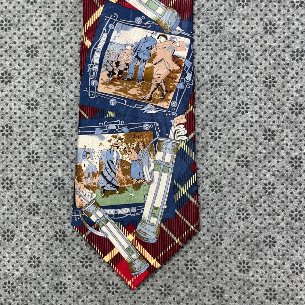 Vintage NEW Museum Artifacts Mens Silk Tie Golf Scenes Plaid Burgundy Navy Blue